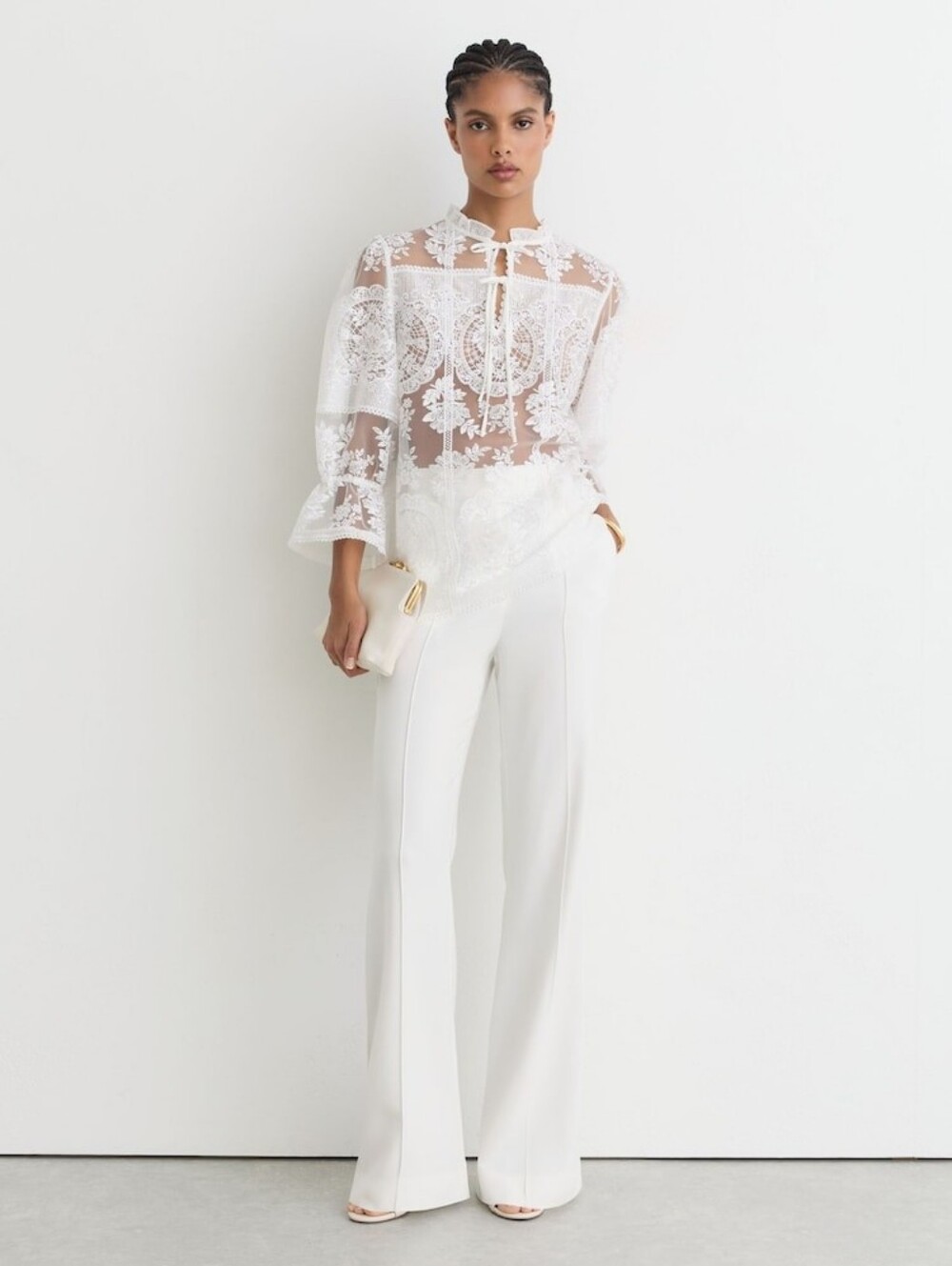 Reiss Demi Sheer Lace Tie-Neck Blouse in Ivory - Picture 8 of 16